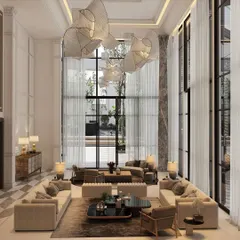 In this double-height living room, I used classical wainscoting and a grand marble column to create a sense of modern grandeur. The space is unified by an abstract sculptural chandelier, expansive views, and a layout designed for both large gatherings and quiet moments.