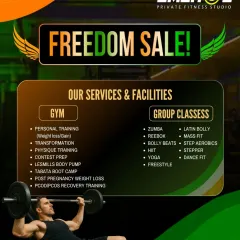 Celebrate with our Freedom Sale. This poster announces a 30% discount on gym memberships and lists our extensive services, including personal training for various goals and a wide range of group classes.
