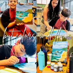 "But colors will flow." A collage showing a young boy's journey from a blank canvas to a finished beach scene, with a little help along the way.