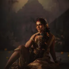 This is from a conceptual shoot titled 'सुवर्ण कांता' (Golden Grace). The styling here is more dramatic and artistic, using a simple tissue saree and bold makeup to tell a story of raw, empowered femininity against a mythical backdrop.