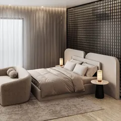 A different angle of the minimalist master bedroom, providing a clearer view of the bed's design and the soft, flowing curtains that add a layer of texture to the space.