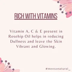Rosehip Oil is rich in Vitamins A, C, and E. This powerful combination helps fight dullness and leaves your skin looking vibrant and glowing.