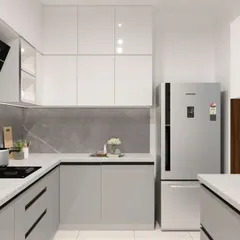 A 3D visualization of a sleek, modern kitchen in shades of grey and white. This U-shaped layout maximizes counter space and features handleless cabinets for a minimalist aesthetic.