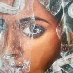An alternate view of the finished 'Fear' painting, showing the interplay between the clear, direct gaze and the obscured, distorted features behind the plastic. This contrast is central to the painting's theme of facing fear.