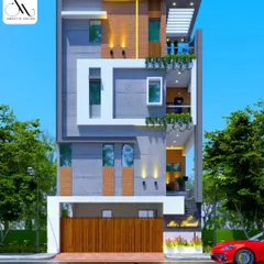 This residential elevation concept features a strong geometric composition with concrete textures and wood-look accents. Integrated planters on each balcony are a key part of the design, bringing life to the building's exterior.