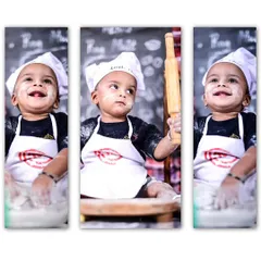A triptych showing the many expressions of our little baker, from a proud smile to a thoughtful gaze. These multi-image displays are a great way to tell a small story from the photoshoot.