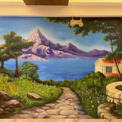 Another view of the expansive landscape mural, showing the path leading towards the mountains. This kind of perspective painting is perfect for adding depth to a living area.