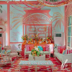 This seating nook showcases our use of custom patterns and textures, from the printed armchair to the hand-painted tropical wall mural. The abundance of fresh oranges adds a fragrant and colorful touch to the decor.
