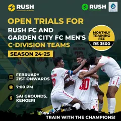 Open trials for our C-Division teams, Rush FC and Garden City FC. Join us to train with champions and compete in the 24-25 season.