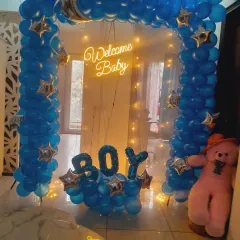 A complete view of the blue-themed "Welcome Baby" arch, perfect for a home entrance.