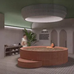 An immersive mud bath installation designed for a wellness space. This concept focuses on a pure sensory experience, using earthy terracotta, soft curves, and gentle lighting to create a space for grounding and restoration.