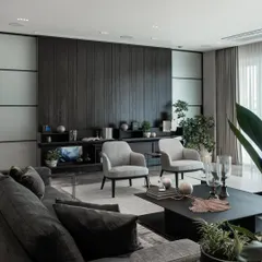 A closer view of the living room, highlighting the dark wood paneling and curated decor. My goal is to balance bold architectural elements with soft textures to make a space feel both grand and comfortable.