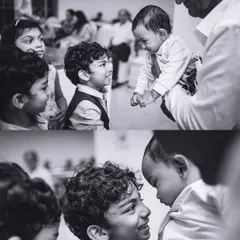 A touching black and white scene where young children curiously and gently welcome a new baby into the family circle.