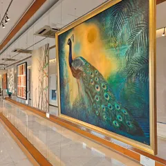 The majestic peacock, a centerpiece from the 'Nature's Symphony' exhibition. This large-scale painting showcases the incredible detail and vibrant color that define the high-caliber art we curate.