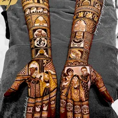 A complete bridal story captured in henna. This design features multiple portraits, including the bride with her family and a varmala ceremony scene, along with traditional elements like elephants and auspicious symbols.
