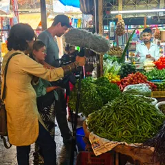 Taking the documentary film crew to a local Mumbai market to show them the fresh produce and spices that are the soul of my cooking.