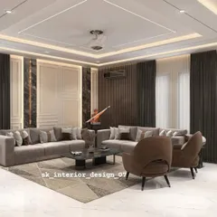This spacious living room is designed for comfort and social gatherings, featuring two large sofas and accent chairs. We used a neutral color palette with touches of brown and cream, complemented by a coffered ceiling with concealed lighting and elegant wall paneling.