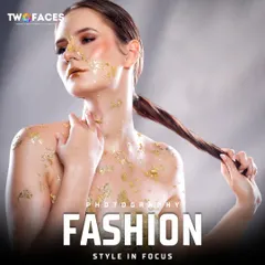 Another angle from the gold leaf shoot, this time with the model holding her ponytail, showcasing the creative makeup and styling.