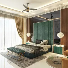 This bedroom design uses a bold color palette, with a deep green velvet headboard and a mustard yellow sofa. The back wall features a combination of a large mirror and wood paneling, which adds depth and texture to the space.