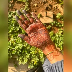The deep, rich color of this stain is showcased perfectly in the natural light. This intricate palm design shows how my organic henna matures into a beautiful dark brown.