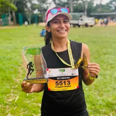 Pure happiness after securing 2nd place in my age category at the Mysuru Half Marathon. Holding the trophy and medal is a tangible reward for all the hard work and consistent training.