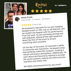 An amazing review from Nitish after his pre-wedding Sangeet at JW Marriott. I always make sure to be prompt, prepared, and handle all the technical aspects like sound systems to ensure a seamless, stress-free event for my clients.