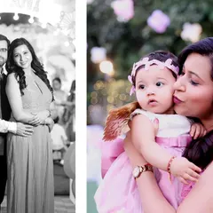 A beautiful album spread featuring a classic couple's portrait alongside a tender moment between mother and child. This is how we preserve your family's story.