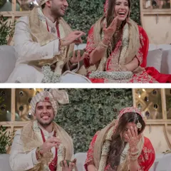 A collage showing Shivaan's playful reaction to a sindoor mishap. Their shared laughter turns a small mistake into a funny and memorable moment.