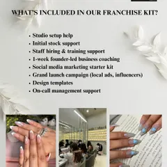 Our franchise kit is designed to be a complete business-in-a-box. We provide support with studio setup, initial stock, staff hiring and training, founder-led business coaching, and even your grand launch campaign.