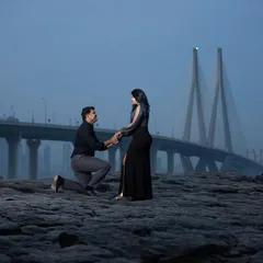 A dramatic pre-wedding proposal shot against the iconic Bandra-Worli Sea Link in Mumbai. I work to capture these once-in-a-lifetime moments with a sense of scale and emotion, creating a powerful and memorable image.