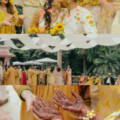 A collage of Haldi moments from Avin and Nikki's wedding, showing the playful kisses, the henna-adorned hands, and the sea of yellow-clad guests.