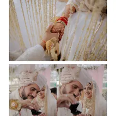 The ring exchange during the Nikaah. This sequence captures the groom's happy expression as he prepares to place the ring on his bride's finger.