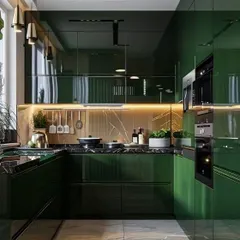 I used high-gloss green cabinetry and a marble-patterned floor to create a bold and dramatic kitchen. The under-cabinet lighting highlights the workspace and adds a layer of warmth to this ultra-modern design.