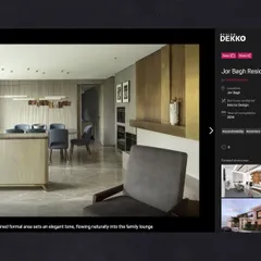A screenshot from a feature on the Jor Bagh Residence, showing how the refined formal dining area flows naturally into the family lounge. The design prioritizes both elegance and comfort.