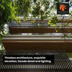A detail shot looking up at the balconies and facade of Panthera RoofGardens, highlighting the texture of the materials and the integration with surrounding trees.