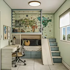 This imaginative kids' room is a complete ecosystem for learning and play. The custom loft bed includes built-in shelving and under-bed storage drawers, while the integrated study desk provides a dedicated homework space. The playful slide and world map wall mural make it a space where creativity can flourish.