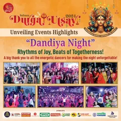 This event highlight poster from a Dandiya Night I helped organize shows the scale of community celebrations I handle. I choreograph routines and also lead the crowd, ensuring everyone feels the festive rhythm and togetherness.