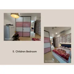 This collage shows a children's bedroom I designed. It includes a sliding wardrobe with pink and white panels and a comfortable bed, creating a space that is both playful and practical.