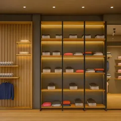 This view showcases the versatile display solutions I created for Shoetown. The combination of vertical wood paneling, floating shelves, and open racks allows for creative merchandising of different types of clothing and accessories.