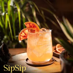 Sip Sip Hooray! This refreshing blood orange cocktail, served over ice with a dehydrated orange slice, is a perfect example of the vibrant and flavorful drinks we craft for your events.