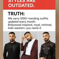 Myth: Rental styles are outdated. Truth: We carry over 1000 trending outfits, updated every month. Bollywood-inspired, royal, minimal, you name it, we have it.