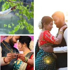 A collage from a Marathi engagement, highlighting the ring exchange and romantic couple portraits. This captures the key moments and emotions of the ceremony.
