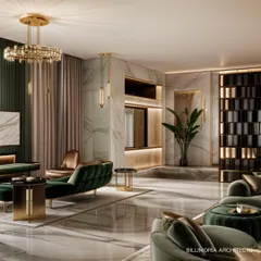 Polished marble floors reflect the natural light, making this spacious living room feel even more open and airy. We used a combination of recessed and statement lighting to create different moods, with green velvet furniture adding a touch of color and opulence.