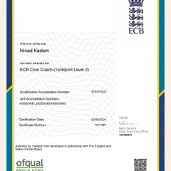 Committed to coaching excellence. This is the official ECB Core Coach (Level 2) certificate awarded to our head coach, Ninad Kadam, reflecting our dedication to internationally recognized coaching standards.
