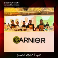 A frontal view of our clean and professional bar setup for the Garnier product launch. We work with brands to ensure our bar design is perfectly integrated with the event's aesthetic.