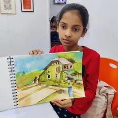 This student's watercolor painting of a country house covered in greenery shows a good understanding of light, shadow, and natural textures.