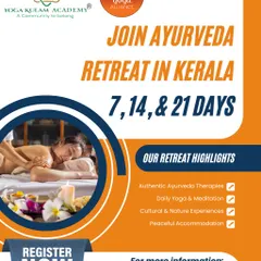 Join our Ayurveda Retreat in Kerala for 7, 14, or 21 days. This poster features a serene image of a student receiving an Ayurvedic massage, a core component of our healing programs.
