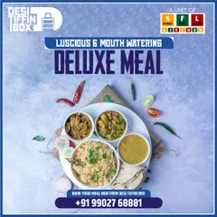 My Deluxe Meal is for those with a hearty appetite. It includes larger portions and sometimes an extra item, like the spread seen here with rice, roti, dal, and two different sabjis, garnished for a mouth-watering presentation.
