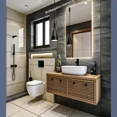 This bathroom showcases a floating wood vanity with a vessel sink against a dark grey tiled wall. The backlit mirror and black pendant lights add a touch of industrial chic.