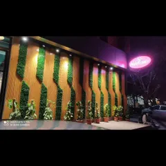 For commercial clients, I create eye-catching facades that attract customers. Here is an installation for a Haldiram's outlet, where I integrated vertical green panels with wood-style slats for a bold, branded exterior.